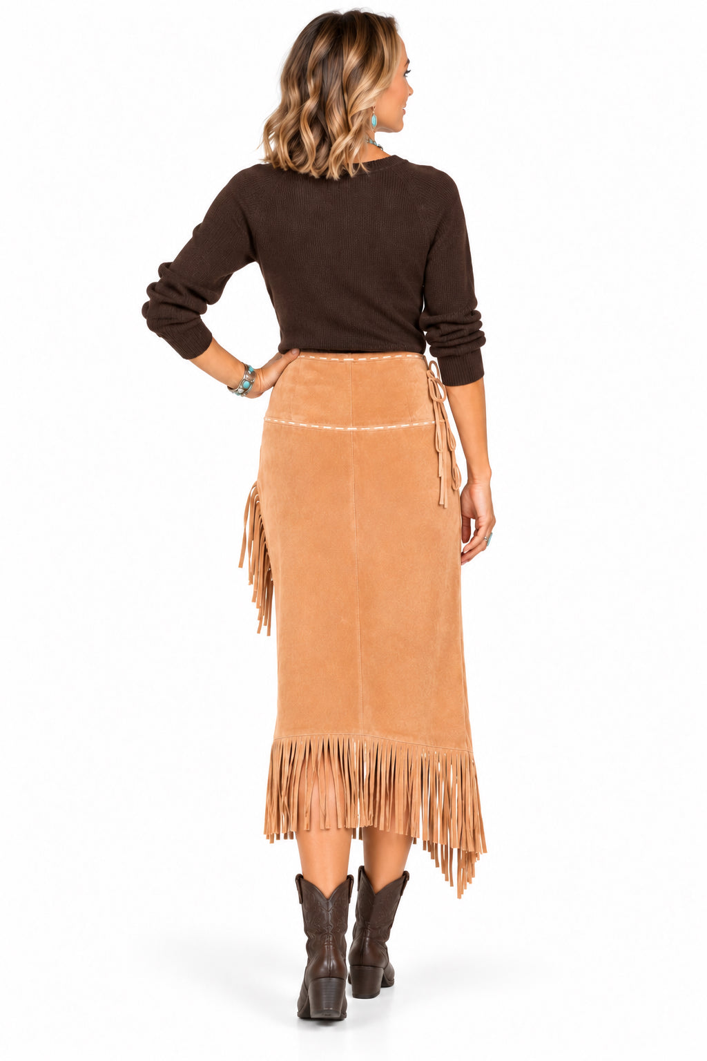 Long Suede Fringe Skirt by Scully in Old Rust