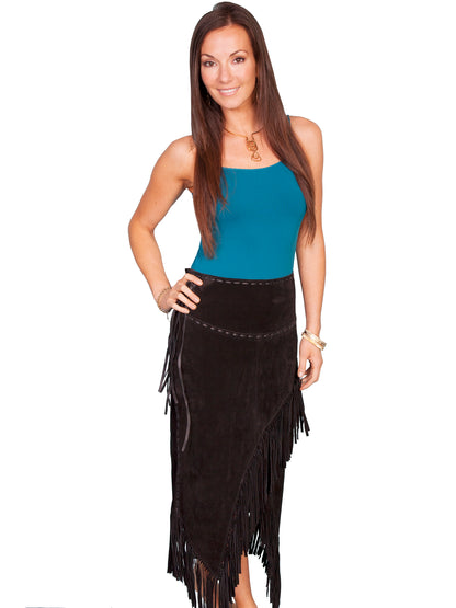 L659-19 Woman in turquoise top and fringed skirt