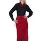 Woman in black shirt & red suede fringe skirt