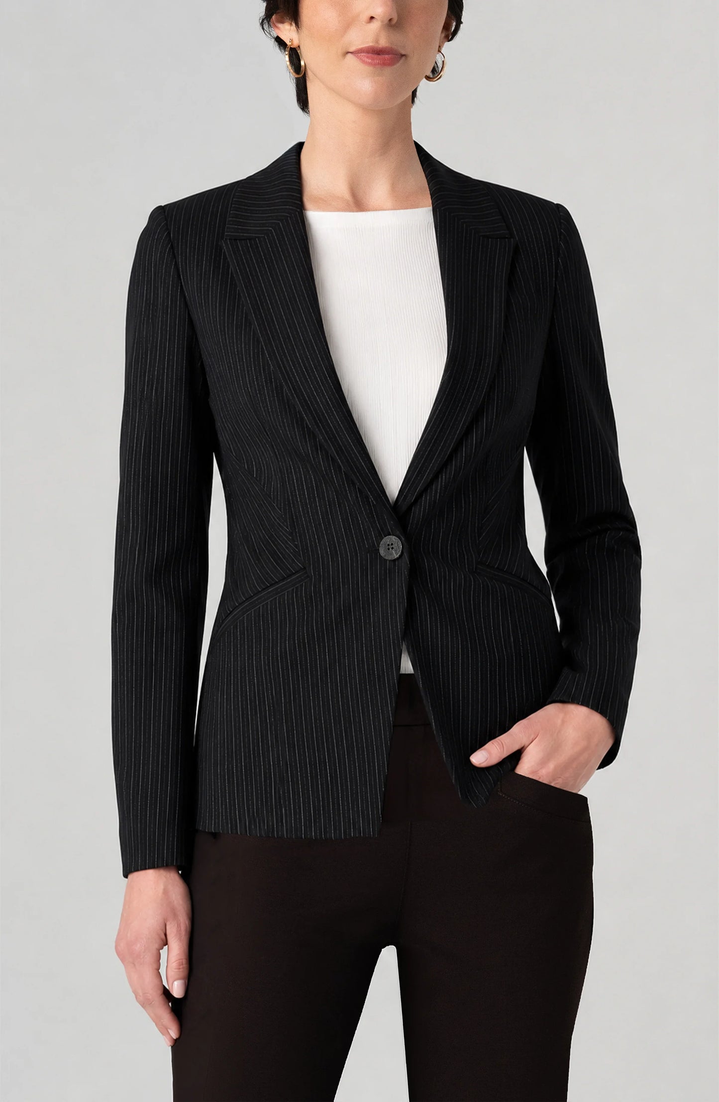 Fitted Cutaway Blazer in Black Stripe by Liverpool
