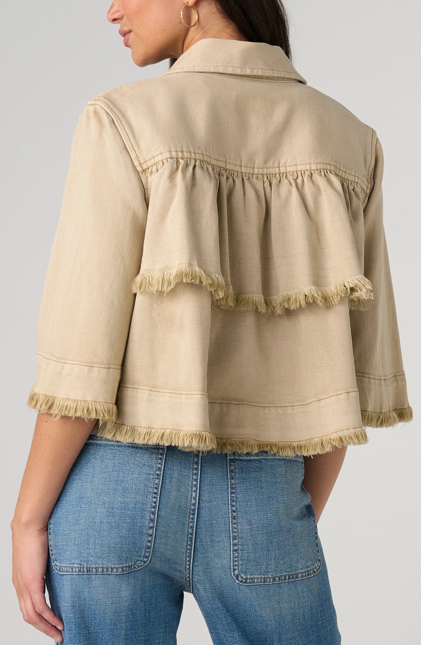 3/4 Sleeve Frayed Flounce Jacket in Khaki by Liverpool