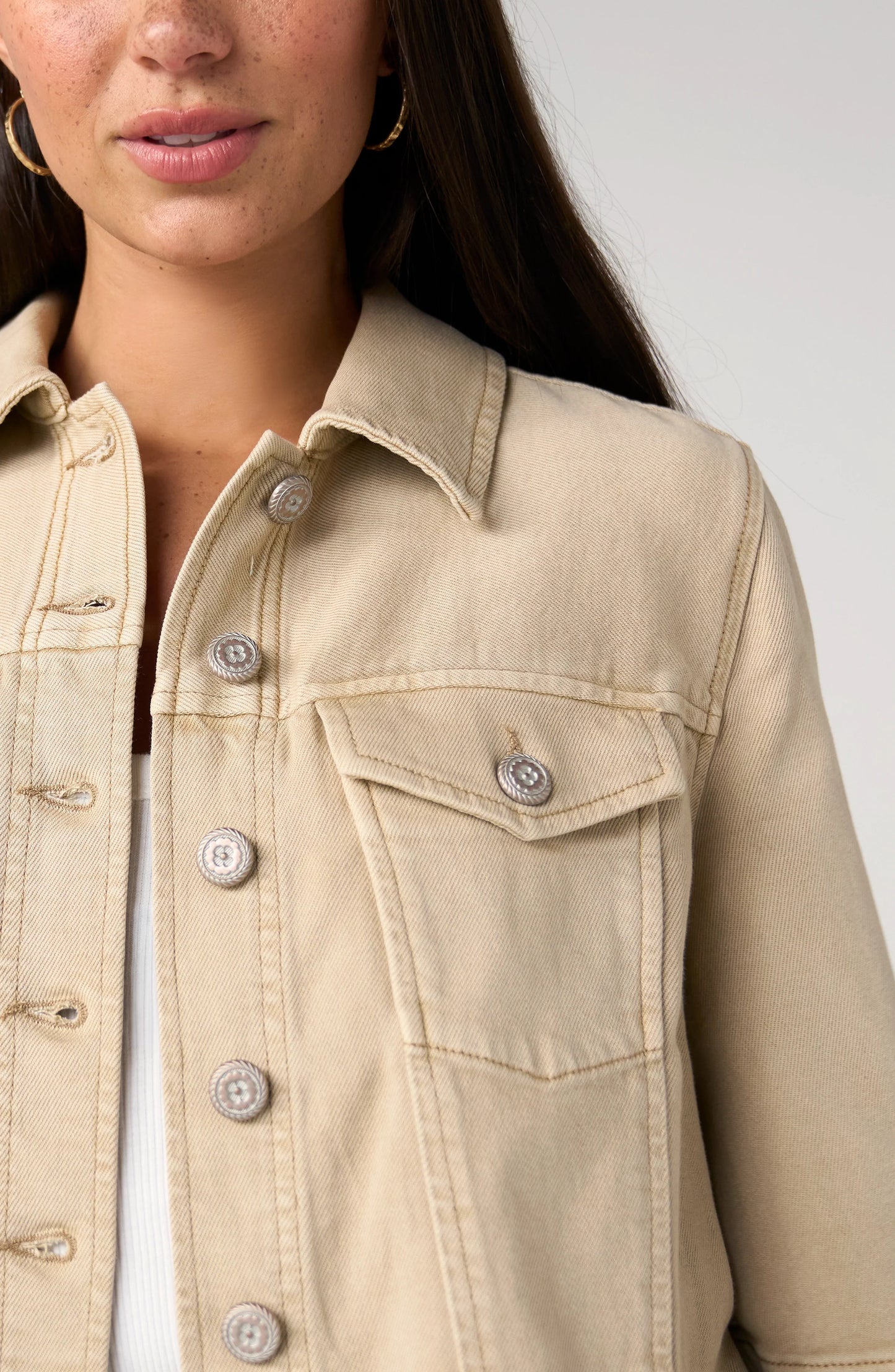 3/4 Sleeve Frayed Flounce Jacket in Khaki by Liverpool