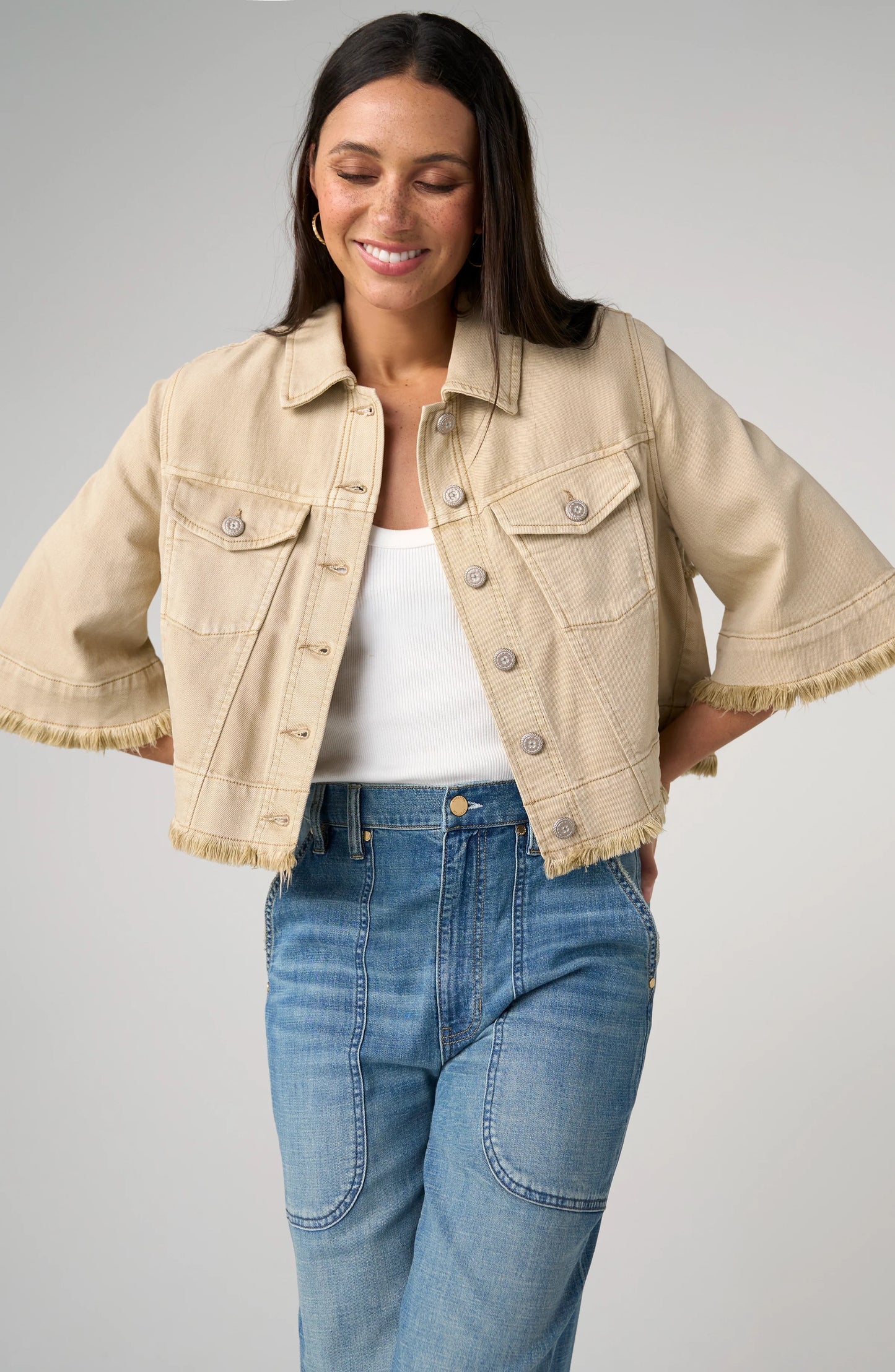 3/4 Sleeve Frayed Flounce Jacket in Khaki by Liverpool