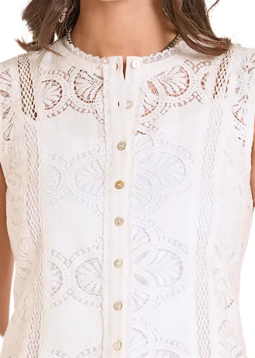 Women's Ivory Lace Front Button Cropped Sleeveless Tank Top by Panhandle