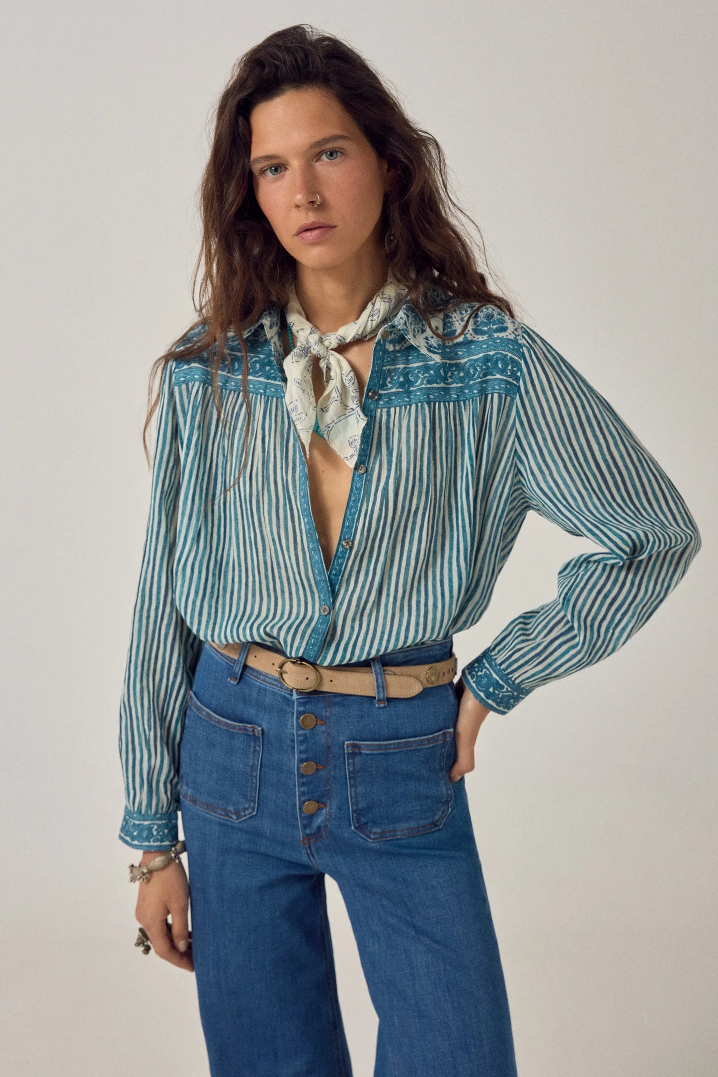 Maria Shirt Mediterranean Stripes Blue Ink by Maison Hotel