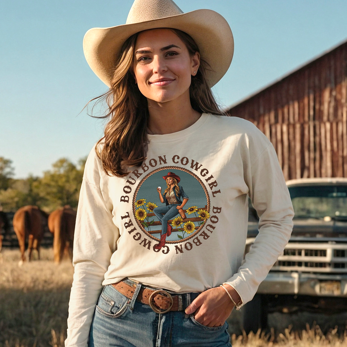 Bourbon Cowgirl Long Sleeve Natural T-Shirt Bourbon Cowgirl