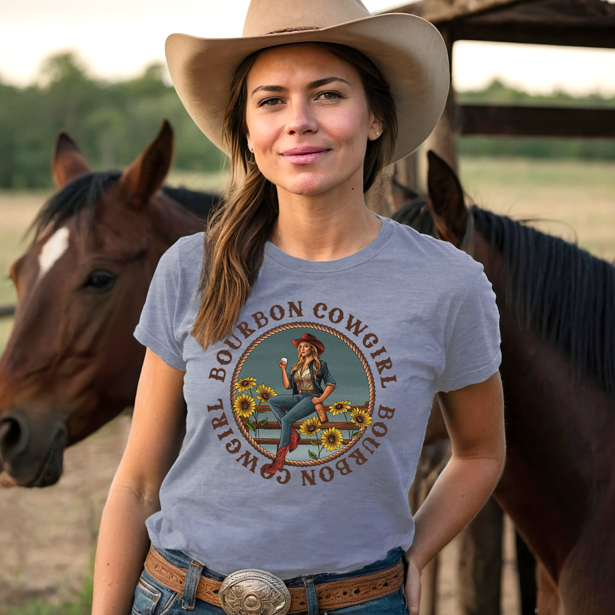 Bourbon Cowgirl Logo Heather Blue Tee Shirt - Bourbon Cowgirl