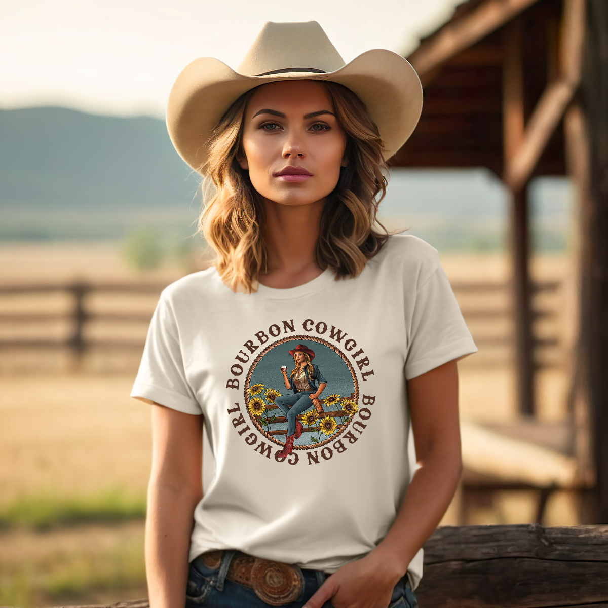 Bourbon Cowgirl Logo Natural Tee Shirt - Bourbon Cowgirl
