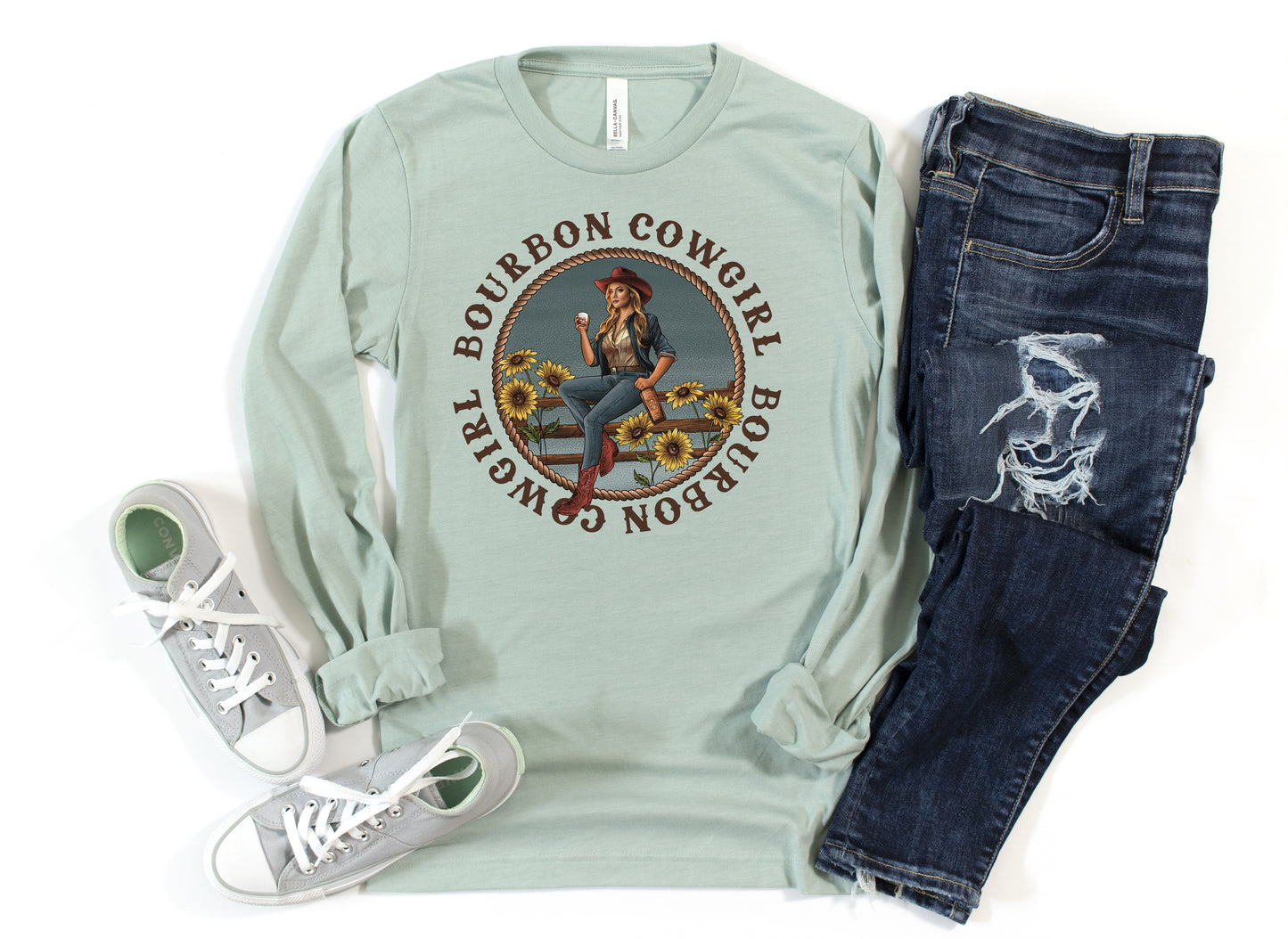 Bourbon Cowgirl Long Sleeve Dusty Blue T-Shirt Bourbon Cowgirl