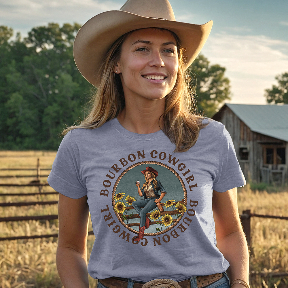 Bourbon Cowgirl Logo Heather Blue Tee Shirt - Bourbon Cowgirl