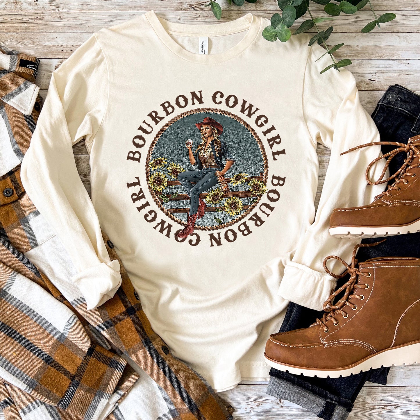 Bourbon Cowgirl Long Sleeve Natural T-Shirt Bourbon Cowgirl