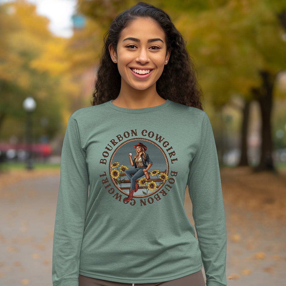 Bourbon Cowgirl Long Sleeve Dusty Blue T-Shirt Bourbon Cowgirl