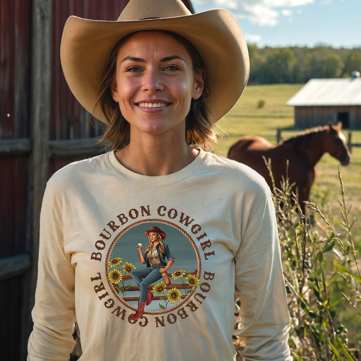 Bourbon Cowgirl Long Sleeve Natural T-Shirt Bourbon Cowgirl