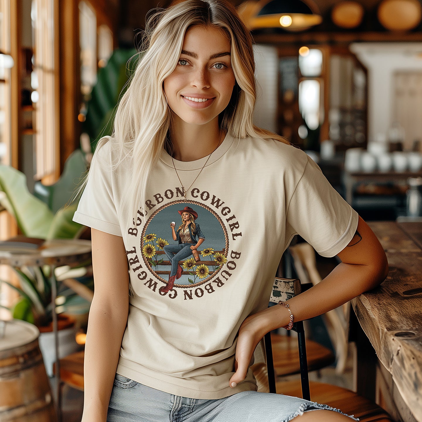 Bourbon Cowgirl Logo Natural Tee Shirt - Bourbon Cowgirl