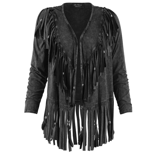 Short V Back Fringed and Feathered Jacket by Pat Dahnke -Black