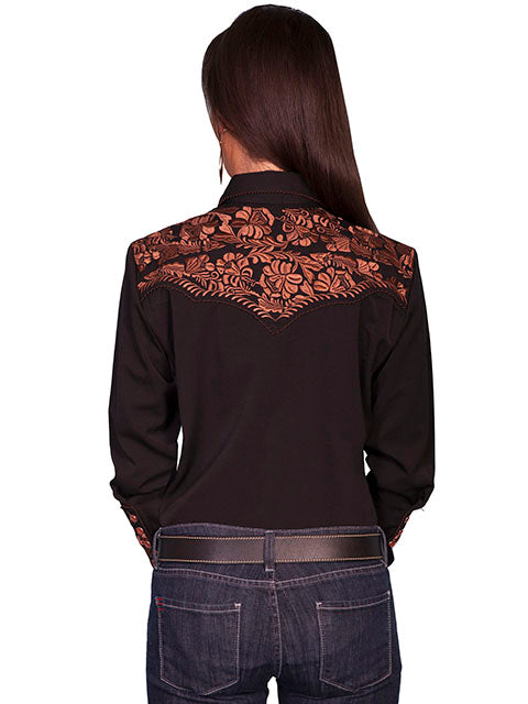 Black Floral Embroidered Yoke Western Blouse for Women Scully Bourbon Cowgirl
