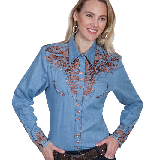 Blue Floral Embroidered Yoke Western Blouse for Women Scully Bourbon Cowgirl