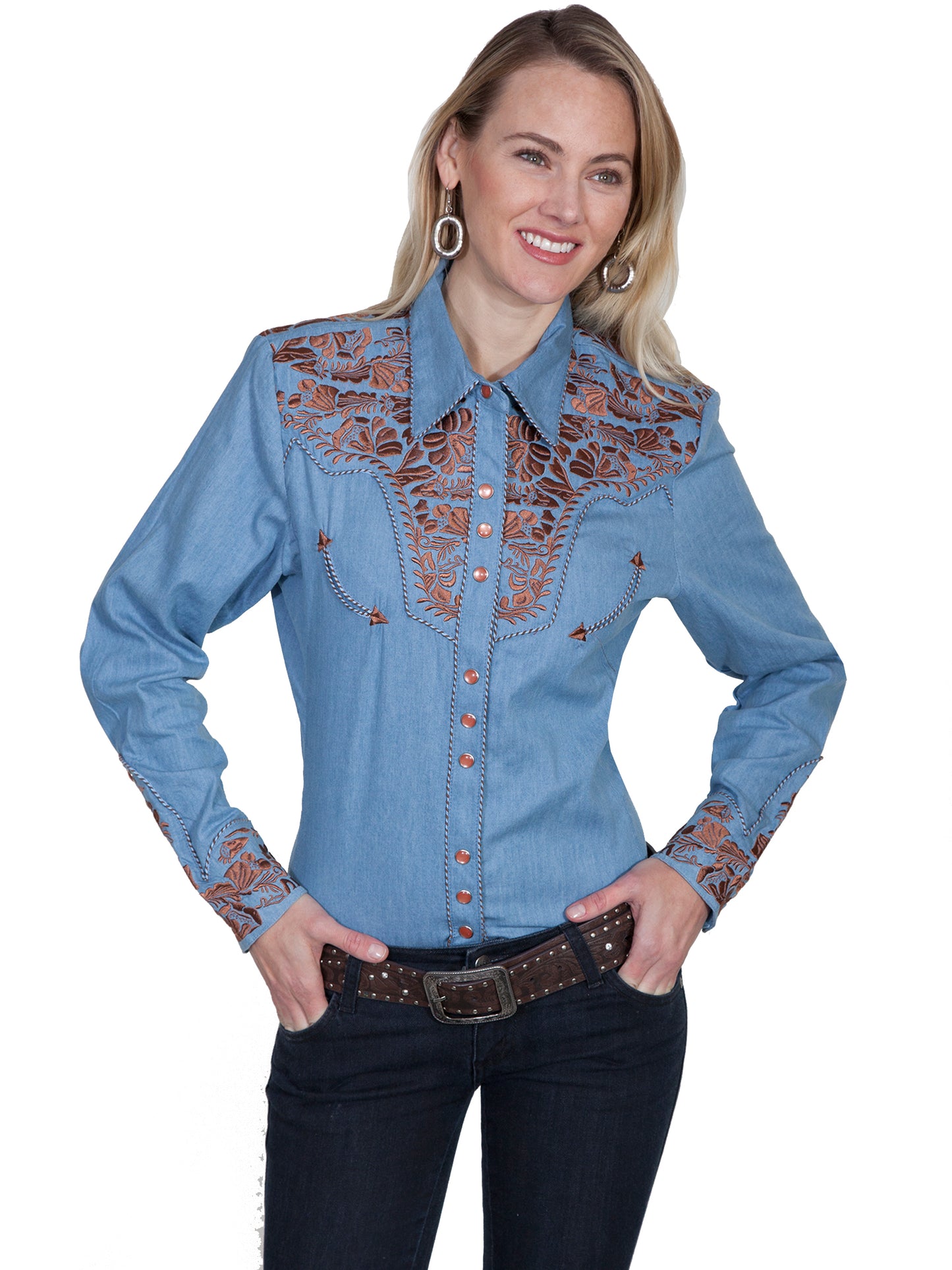 Blue Floral Embroidered Yoke Western Blouse for Women Scully Bourbon Cowgirl