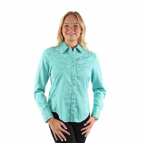 Aqua Floral Embroidered Yoke Western Blouse for Women Scully Bourbon Cowgirl