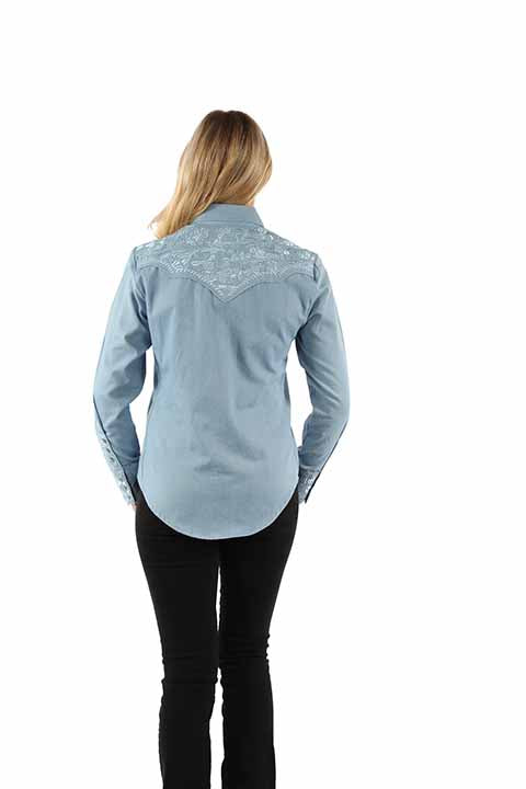 Light Blue Floral Embroidered Yoke Western Blouse for Women Scully Bourbon Cowgirl