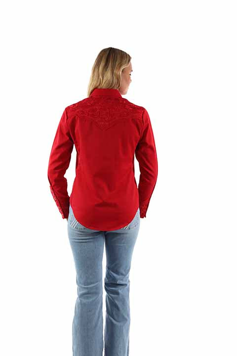 Red Floral Embroidered Yoke Western Blouse for Women Scully Bourbon Cowgirl