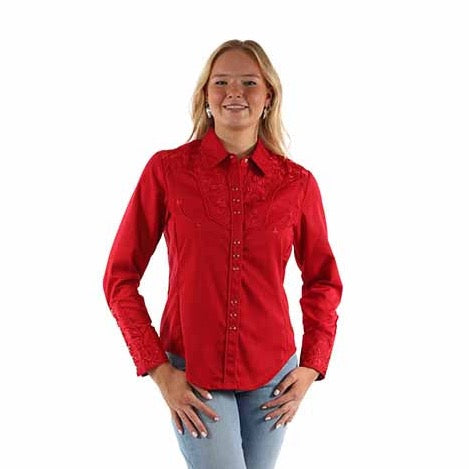 Red Floral Embroidered Yoke Western Blouse for Women Scully Bourbon Cowgirl