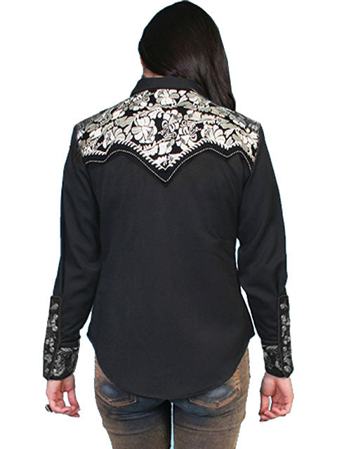 Black & Silver Floral Embroidered Yoke Western Blouse for Women Scully Bourbon Cowgirl