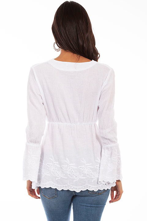 White Cotton Embroidered Blouse with Bell Sleeves Scully Bourbon Cowgirl