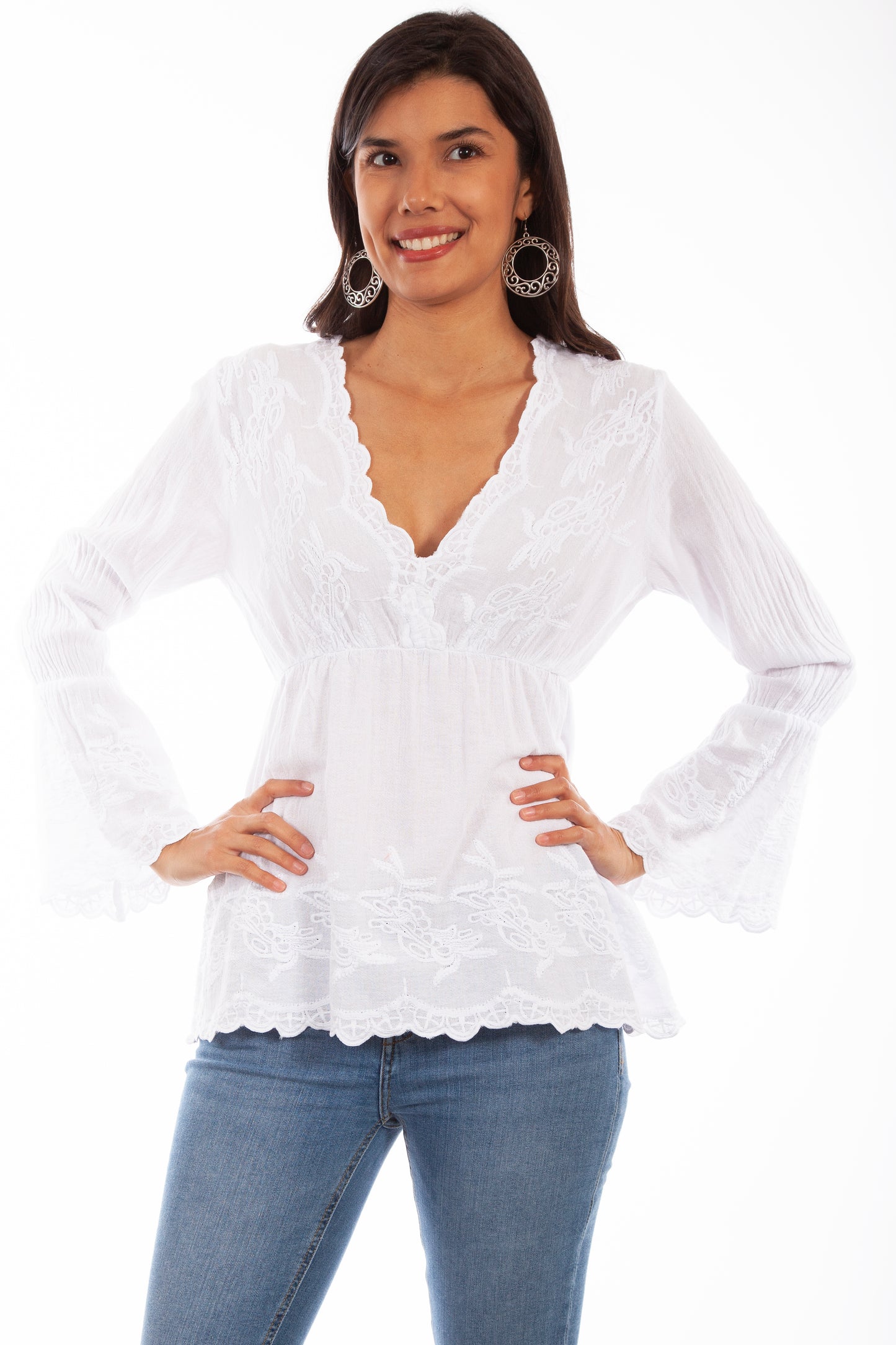 White Cotton Embroidered Blouse with Bell Sleeves Scully Bourbon Cowgirl