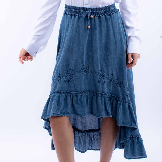 Peruvian Cotton Denim Blue High Low Skirt at Bourbon Cowgirl