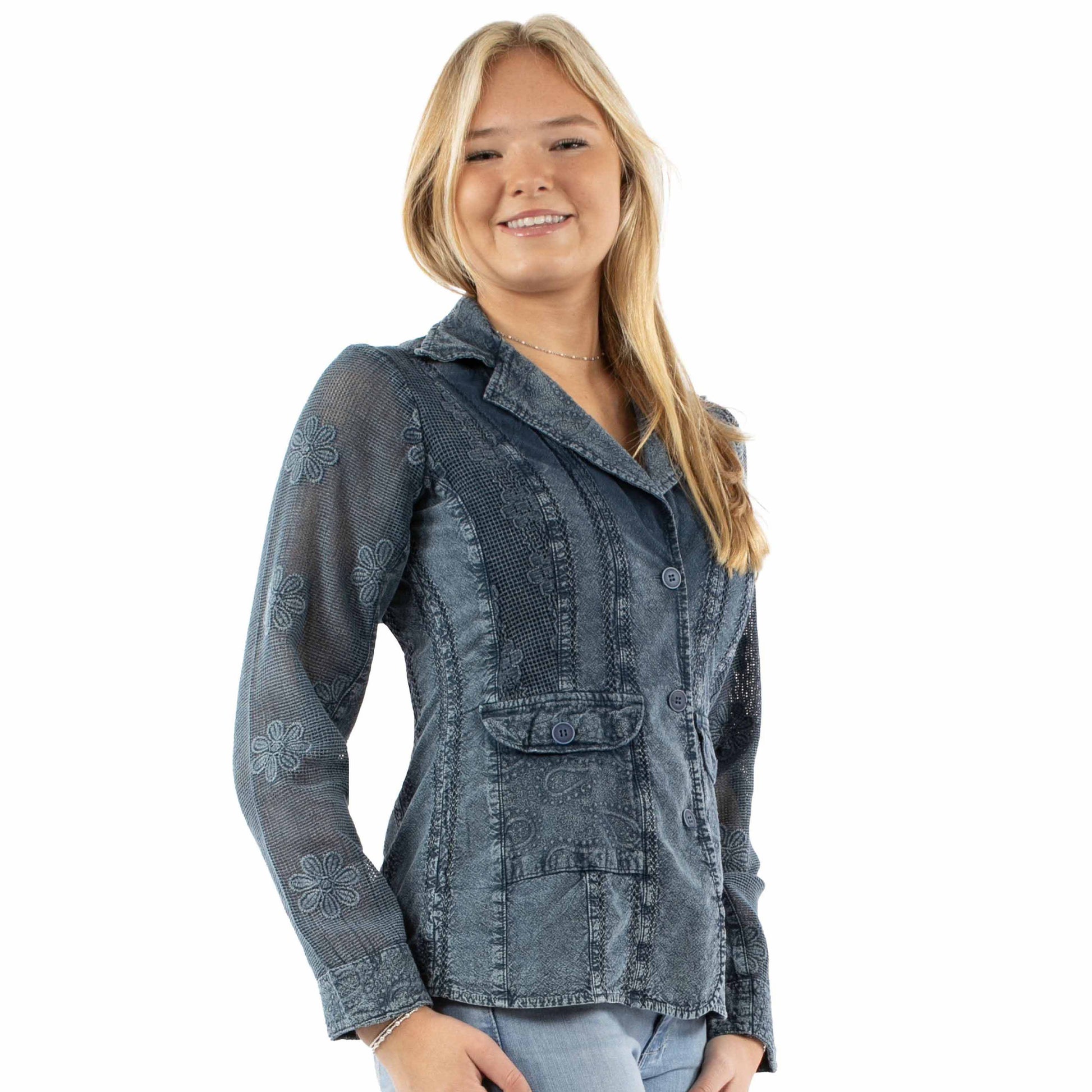 Blue denim jacket PSL-280 worn by woman