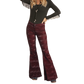 Woman wearing burgundy patterned flare pants
