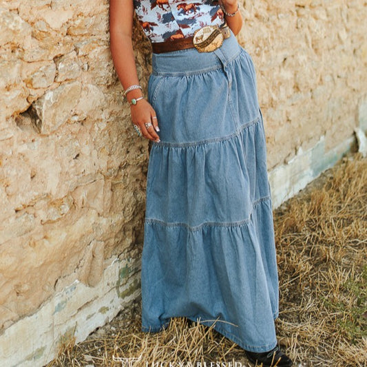 Light Wash Tiered Maxi Skirt