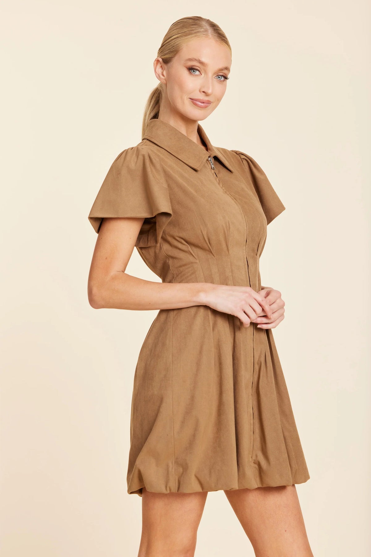 Faux Suede Bubble Dress in Tobacco