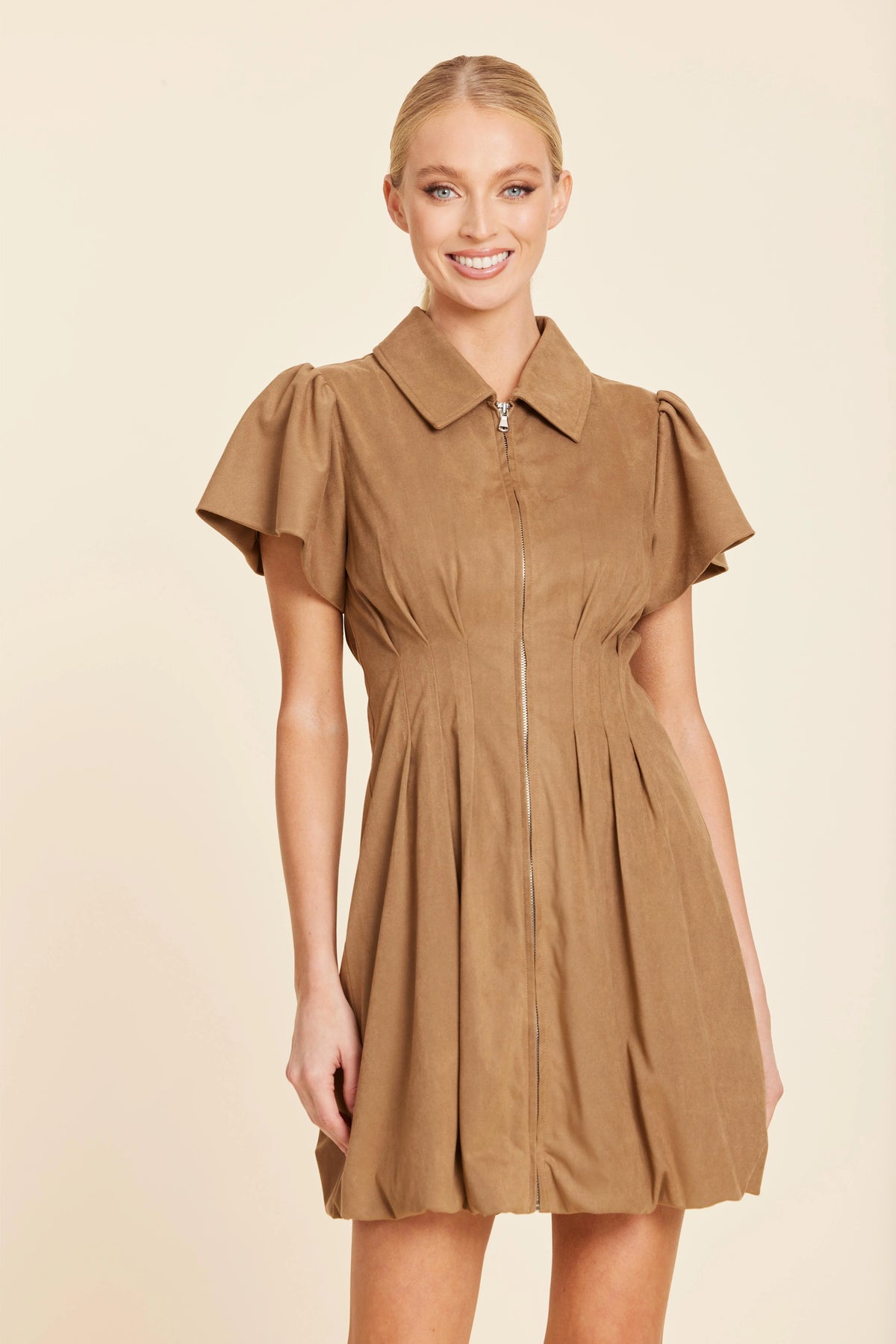 Faux Suede Bubble Dress in Tobacco