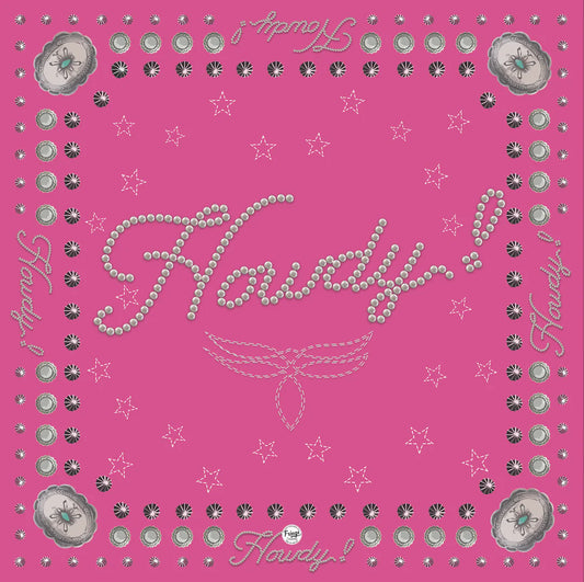 Pink Howdy! bandana with studs and stars.
