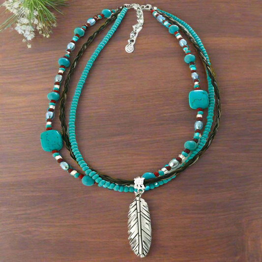 Mariah Horsehair Necklace with Turquoise and Feather