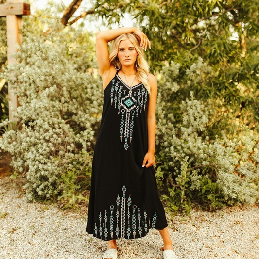Black and Turquoise Spaghetti Strap Maxi Dress
