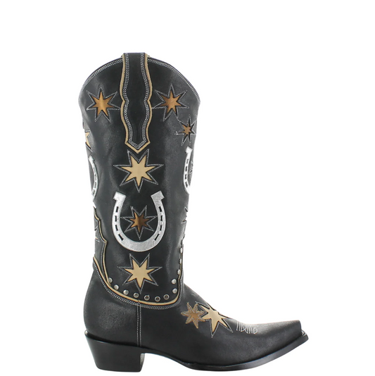 Black cowboy boot with stars and horseshoe detail