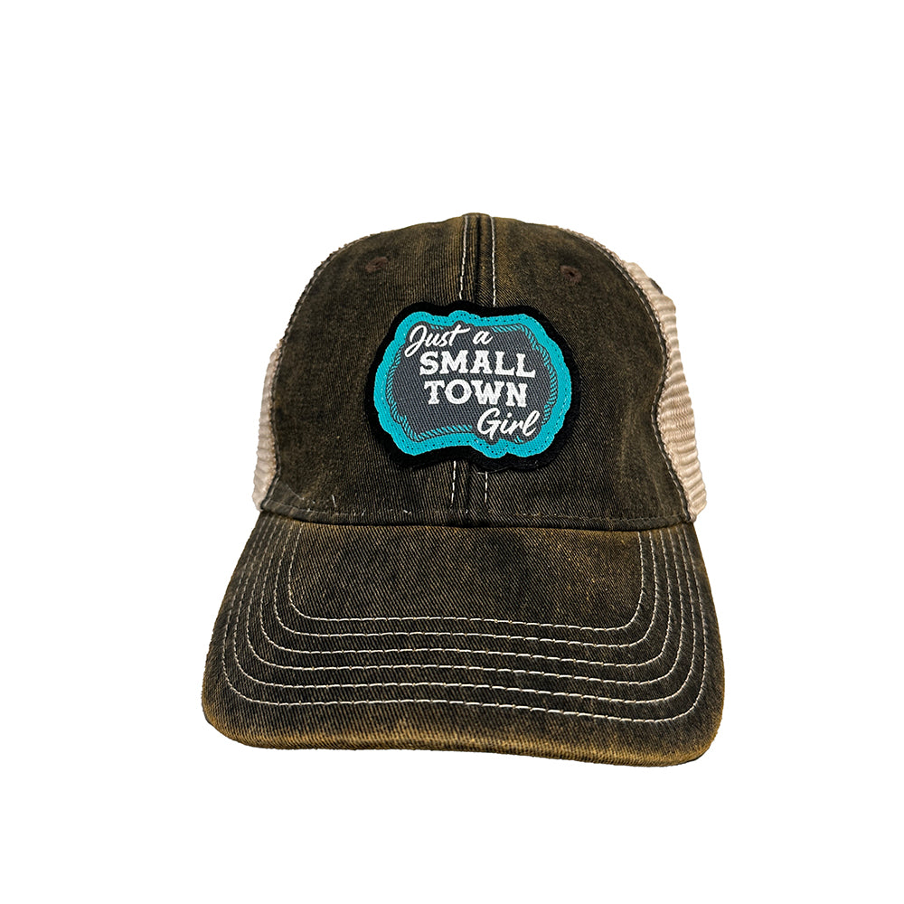Just A Small Town Girl Distressed Trucker Cap, Black