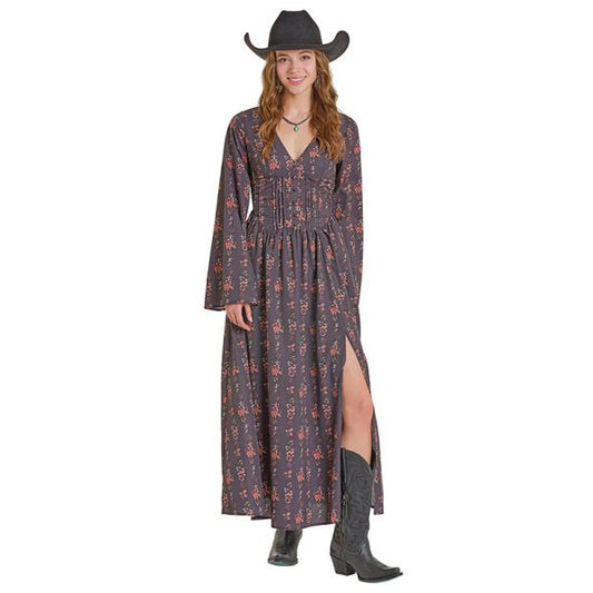 Bohemian floral maxi dress with cowboy hat and boots