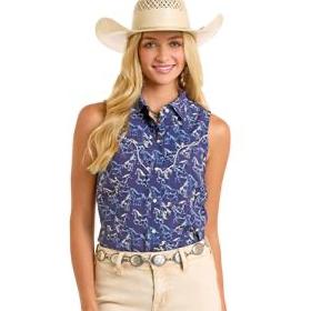 Sleeveless Horse Print Snap Front Blouse by Panhandle at Bourbon Cowgirl