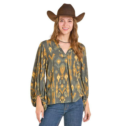 Cowgirl in StyleLW52T07059 patterned blouse