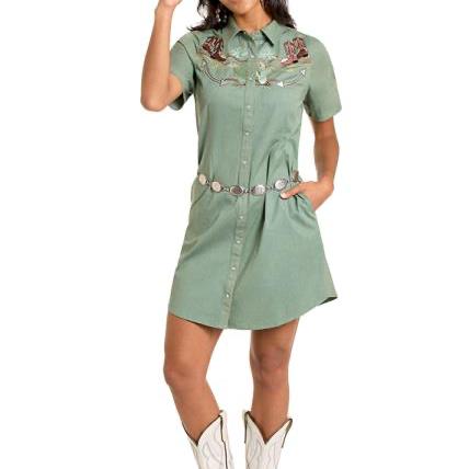 StyleLWD1R06362 green western dress with embroidery
