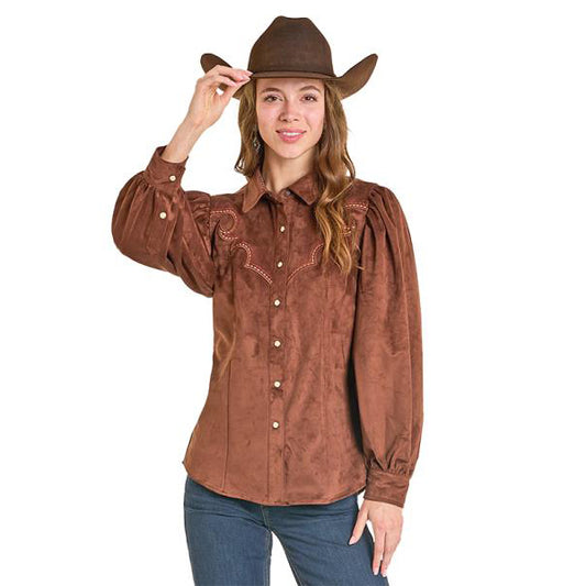 Brown suede western shirt with cowboy hat