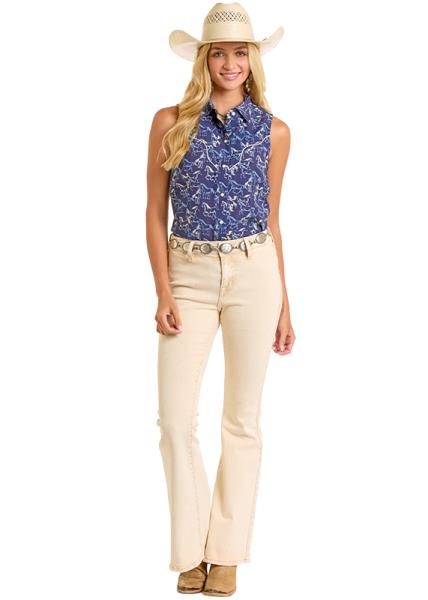 Sleeveless Horse Print Snap Front Blouse by Panhandle at Bourbon Cowgirl
