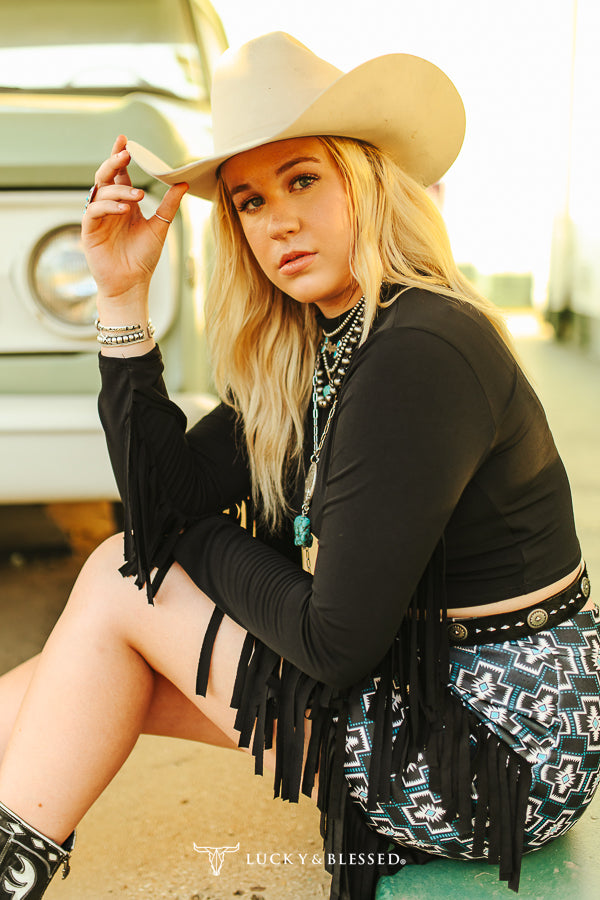 Crop Black Satin Long Sleeve Fringe Top at Bourbon Cowgirl