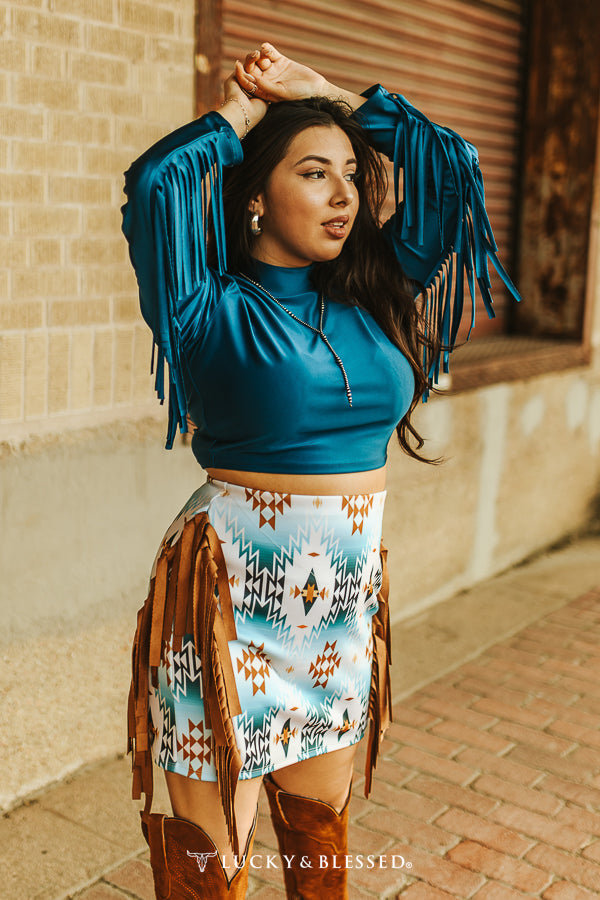 Teal Satin Stretch Crop Long Sleeve Fringe Top at Bourbon Cowgirl