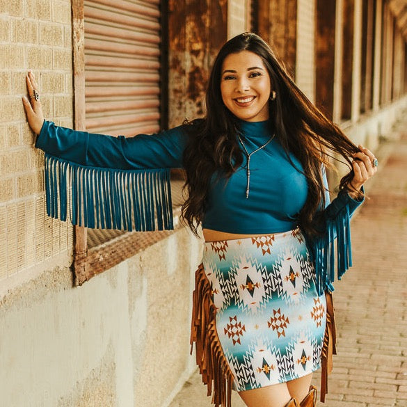 Teal Satin Stretch Crop Long Sleeve Fringe Top at Bourbon Cowgirl