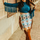 Teal Satin Stretch Crop Long Sleeve Fringe Top at Bourbon Cowgirl